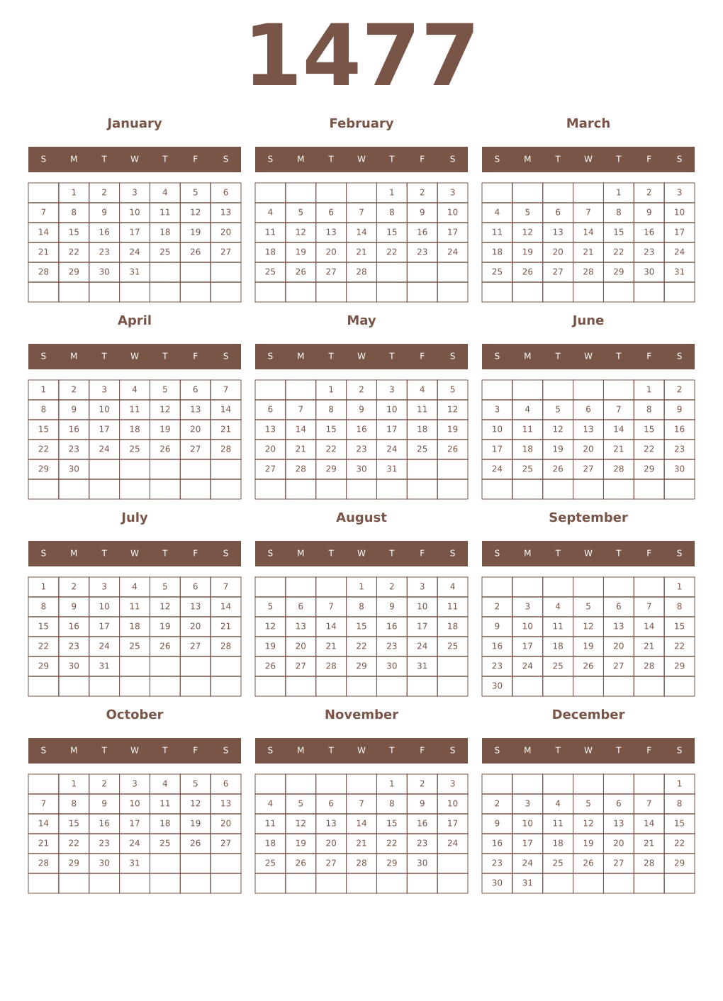Printable 1477 Year Calendars coffe