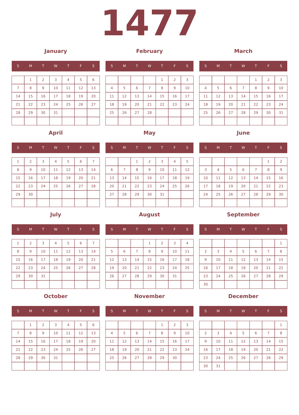 Printable 1477 Year Calendars cordovan