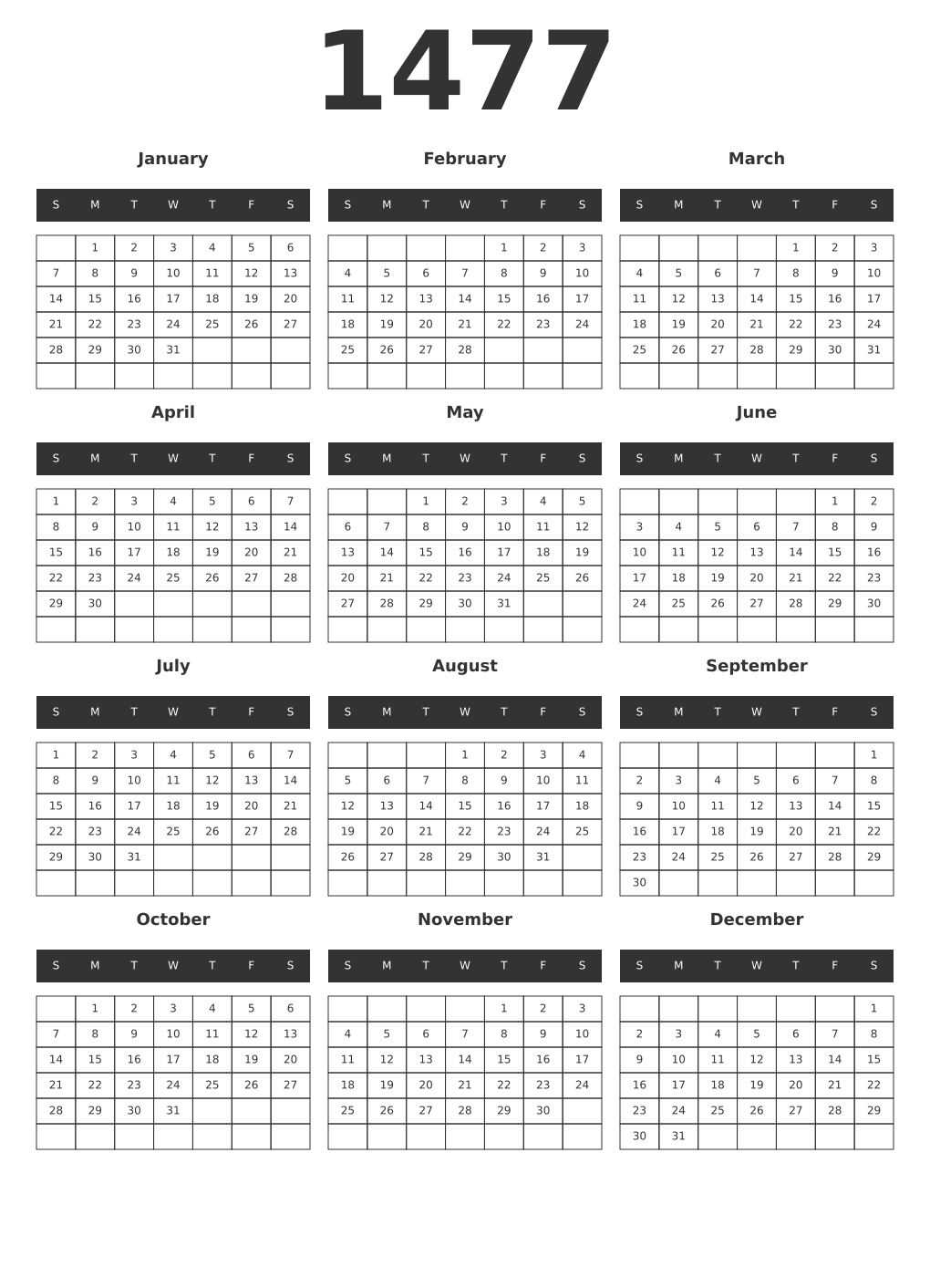 Printable 1477 Year Calendars dark