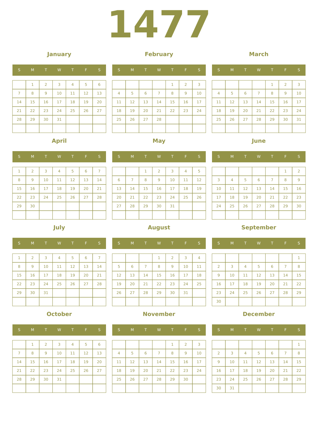 Printable 1477 Year Calendars eburnean