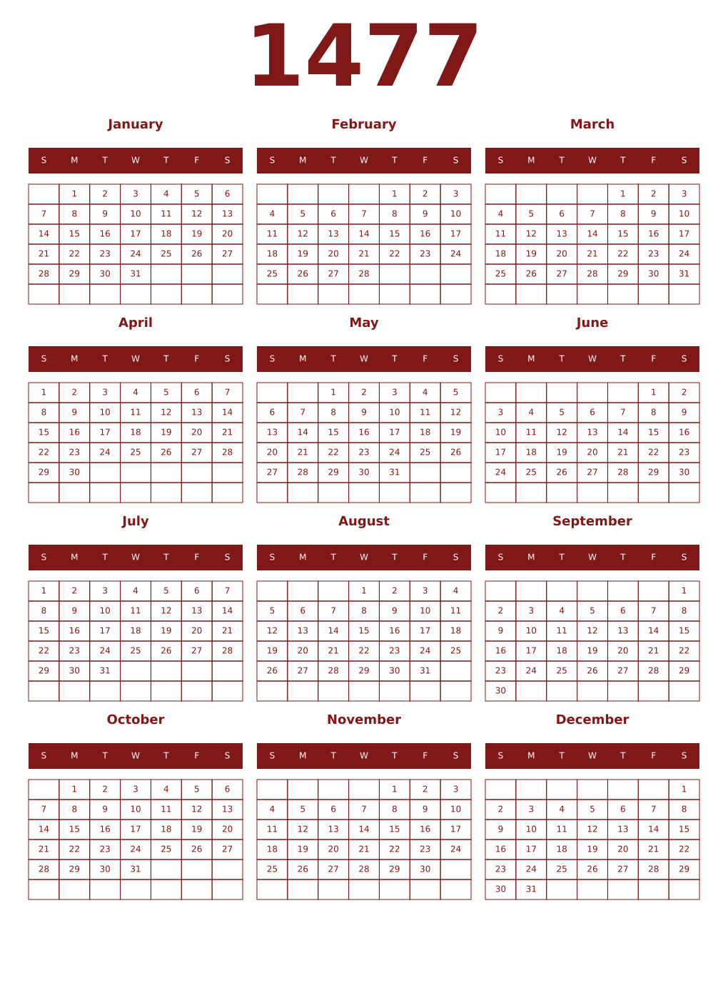 Printable 1477 Year Calendars falu