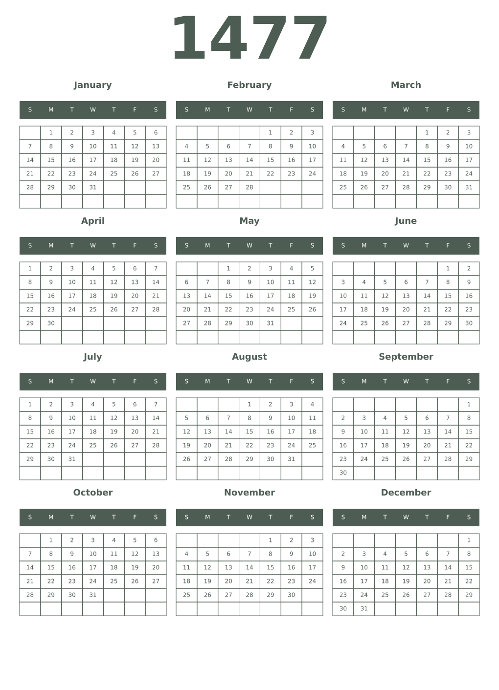 Printable 1477 Year Calendars feldgrau