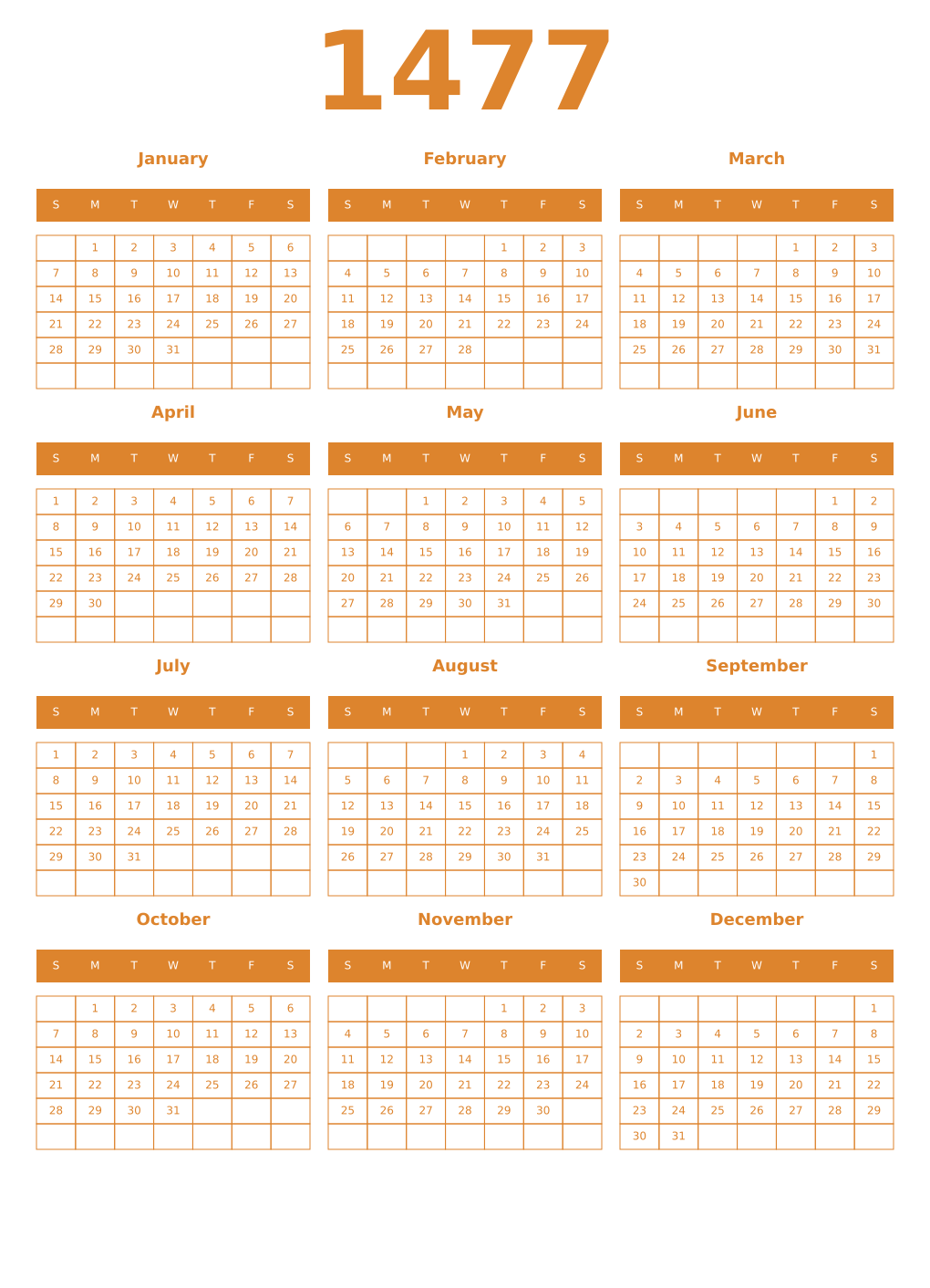 Printable 1477 Year Calendars orange