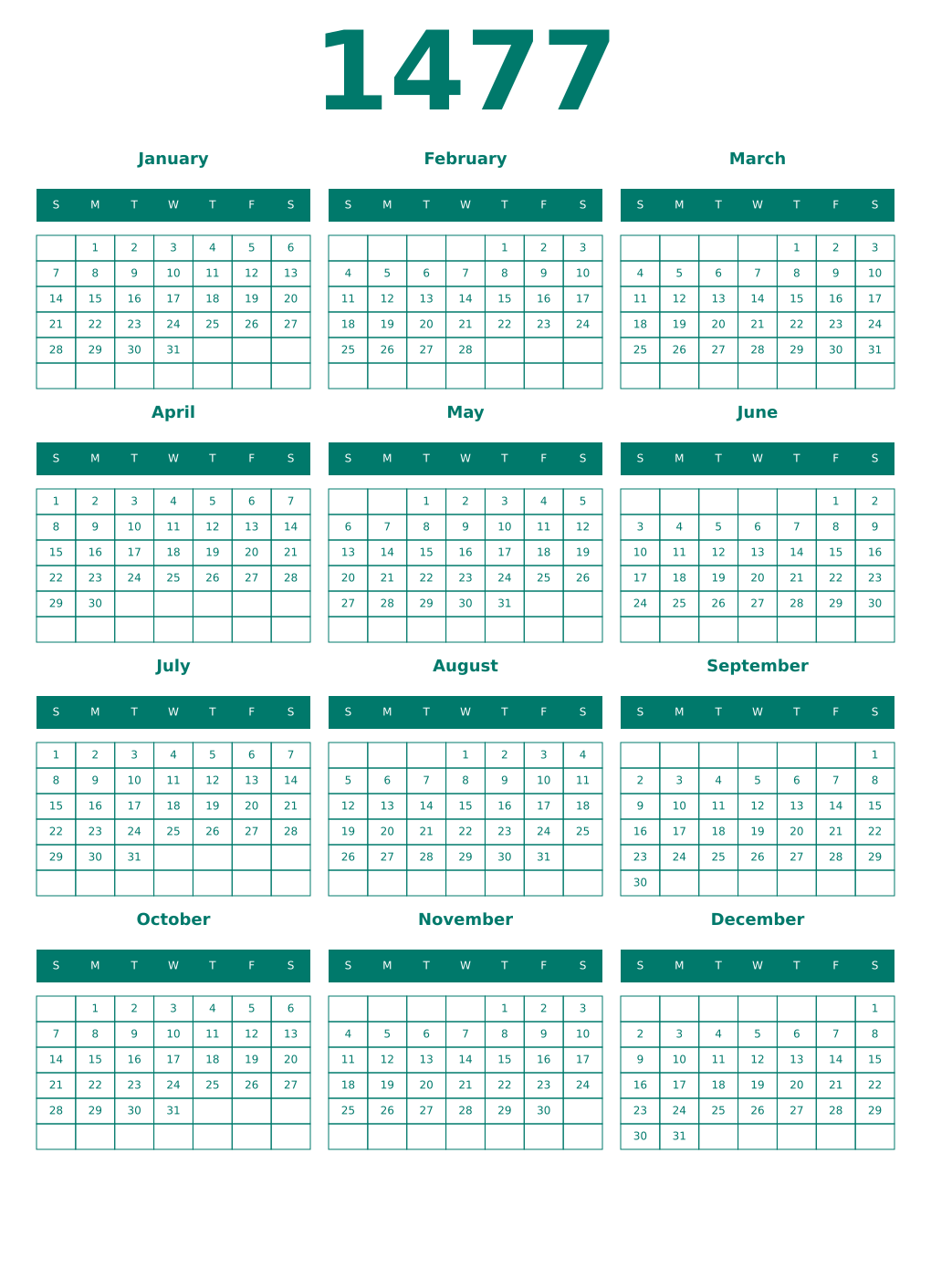 Printable 1477 Year Calendars pastel