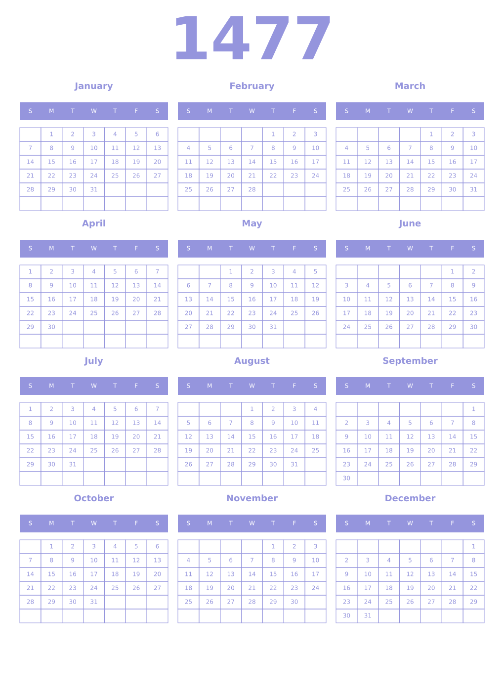 Printable 1477 Year Calendars periwinkle