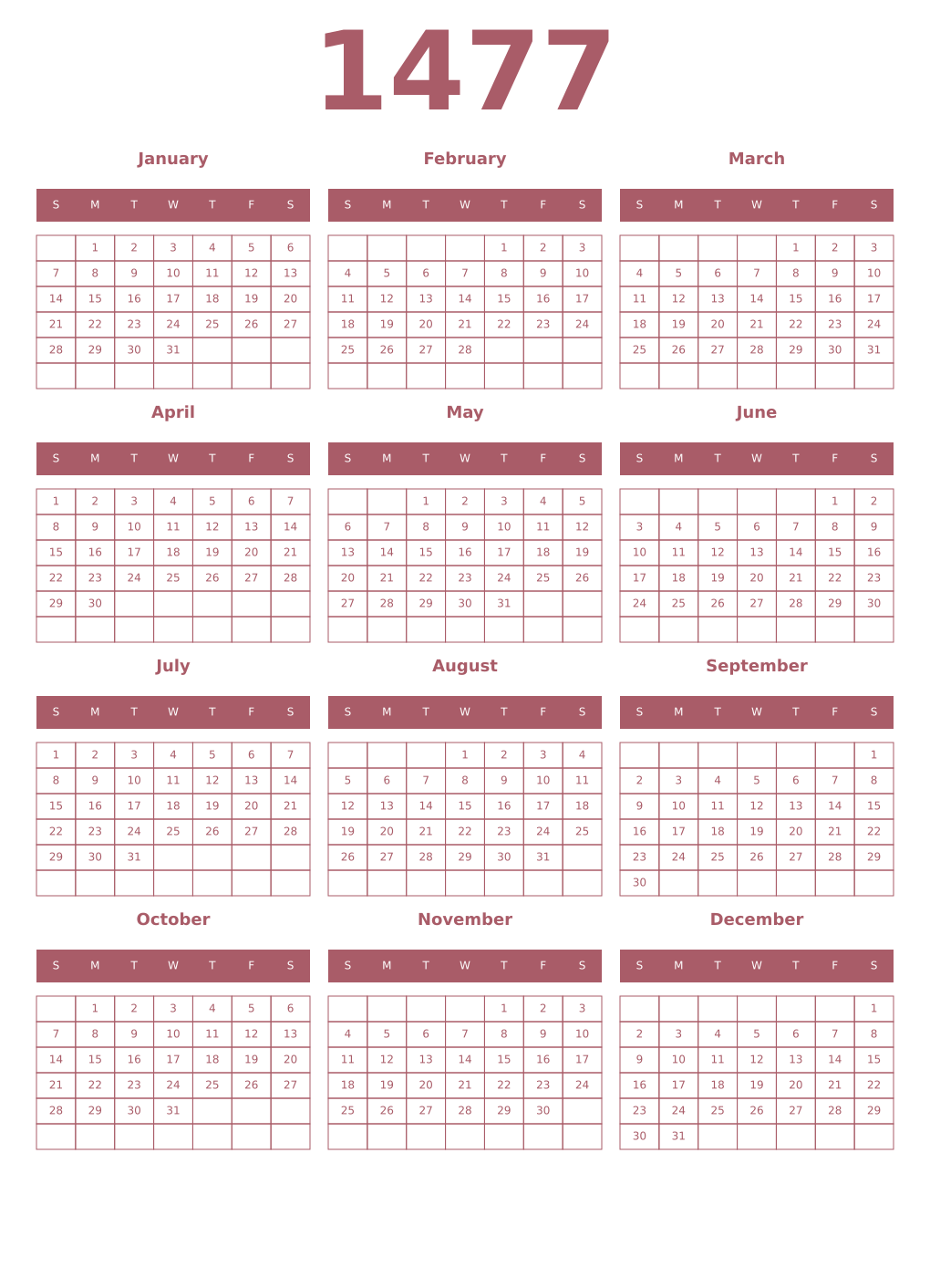 Printable 1477 Year Calendars puce