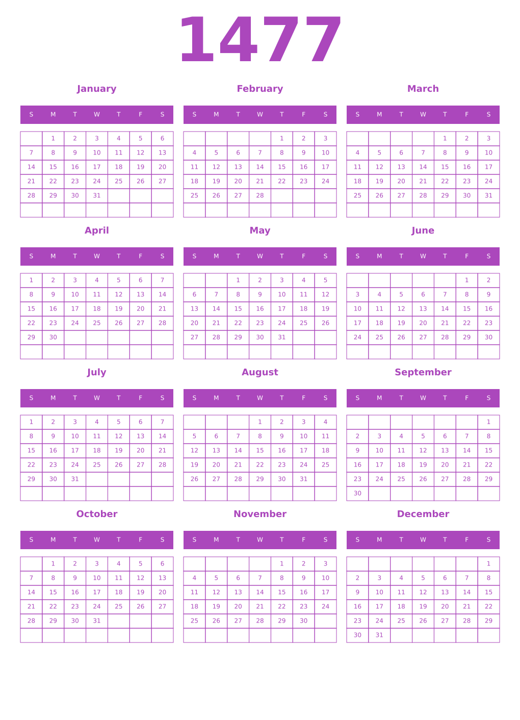 Printable 1477 Year Calendars purple