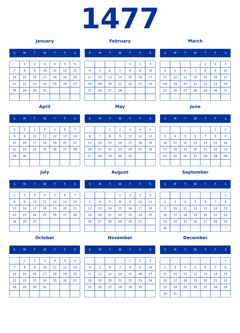 Printable 1477 Year Calendars smalt