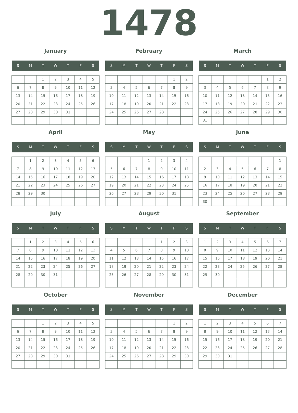Printable 1478 Year Calendars feldgrau