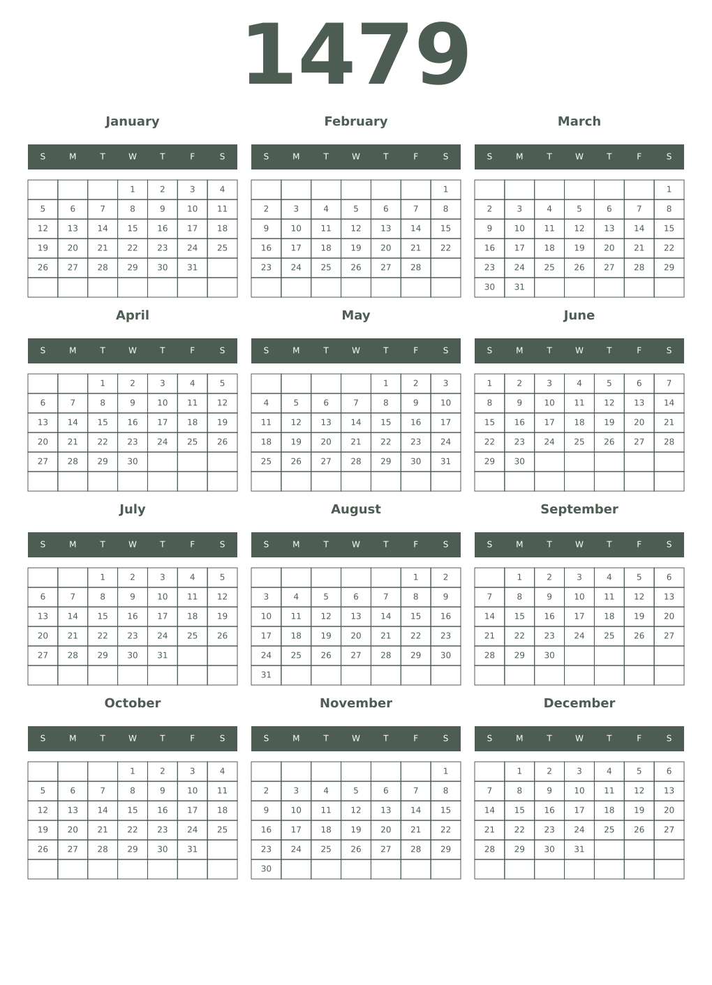 Printable 1479 Year Calendars feldgrau