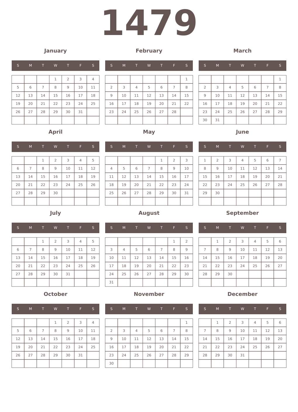 Printable 1479 Year Calendars wenge