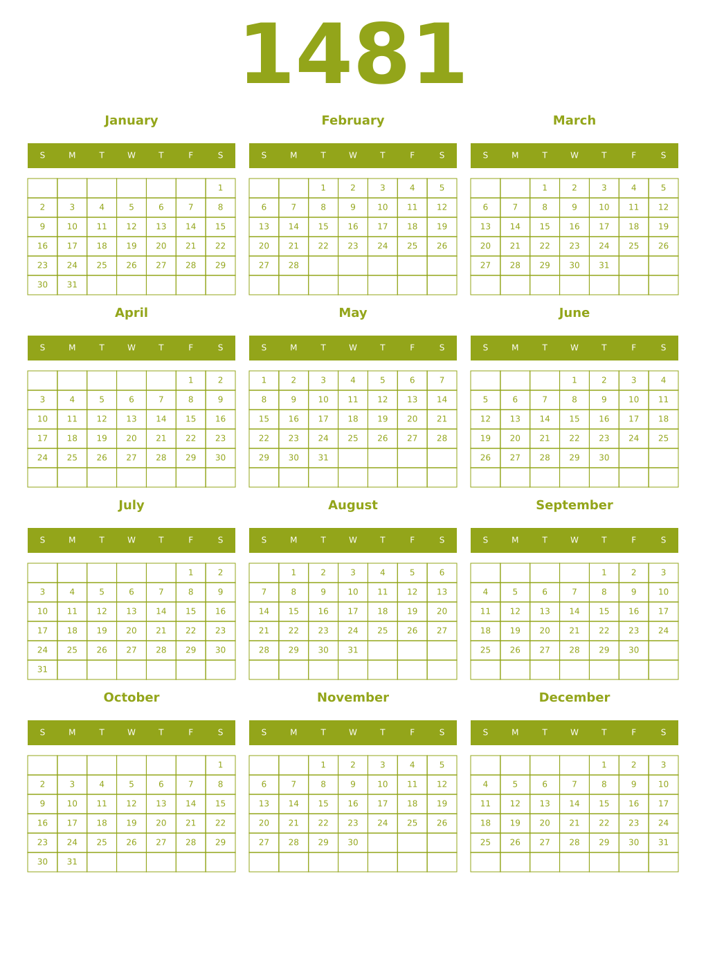 Printable 1481 Year Calendars chartreuse