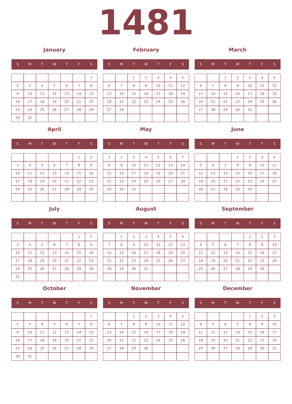 Printable 1481 Year Calendars cordovan