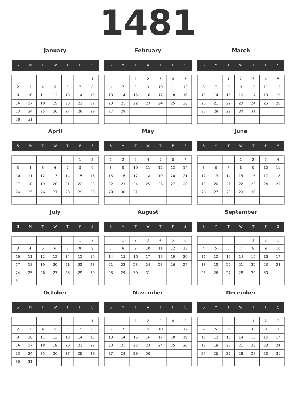 Printable 1481 Year Calendars dark