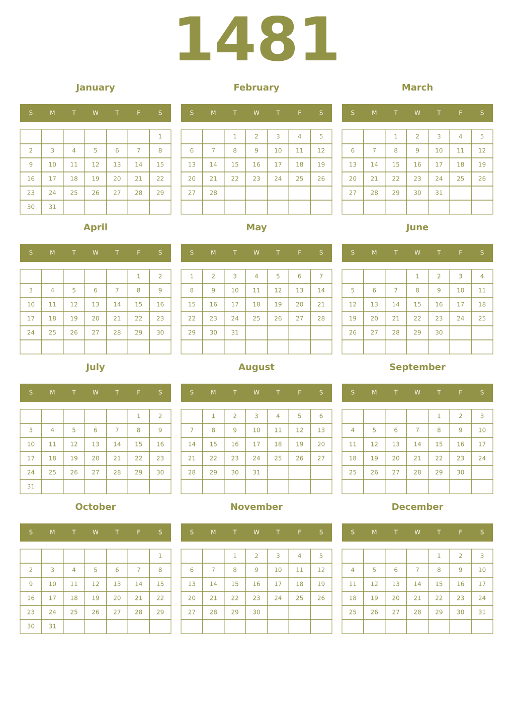 Printable 1481 Year Calendars eburnean