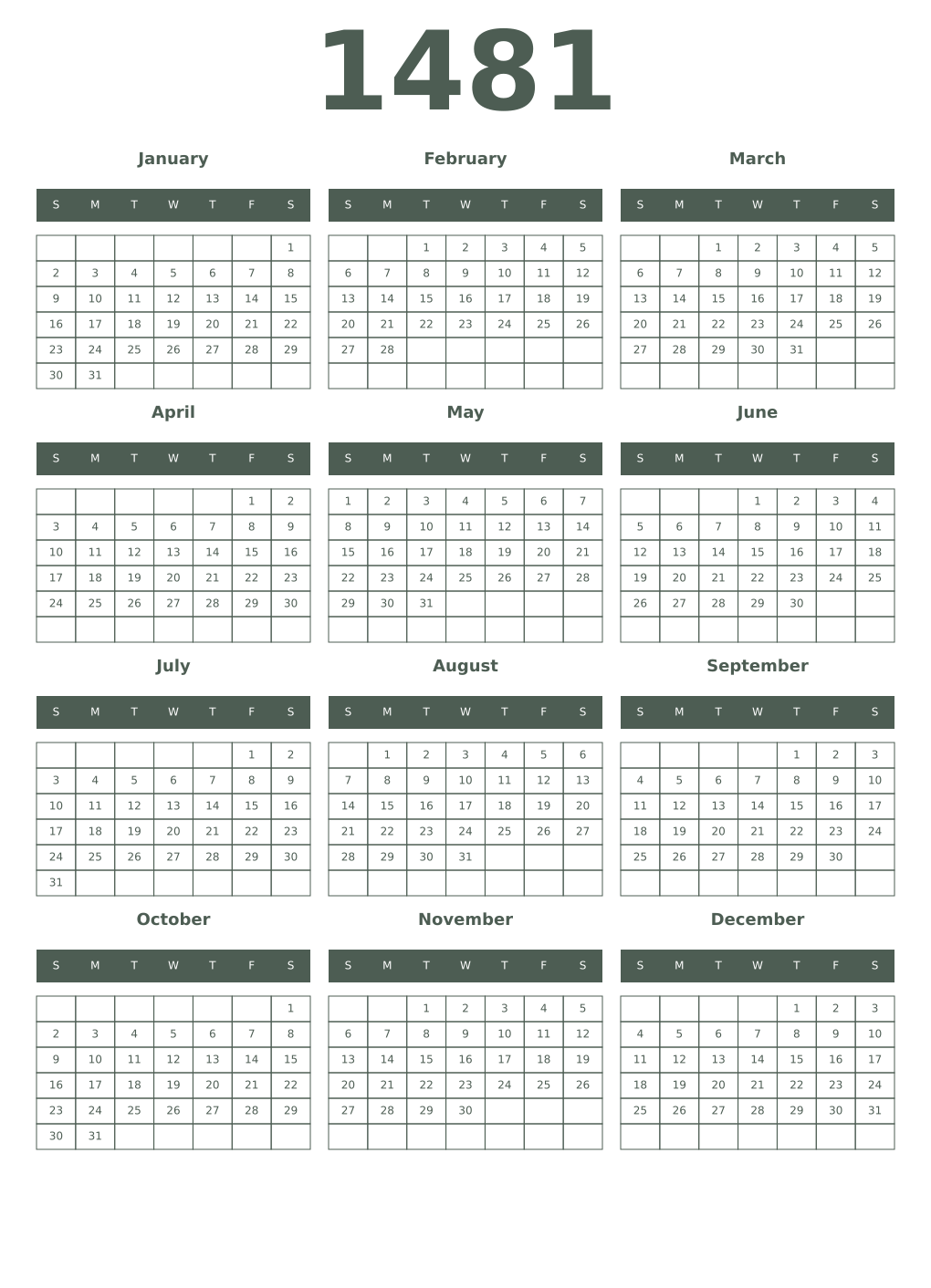 Printable 1481 Year Calendars feldgrau