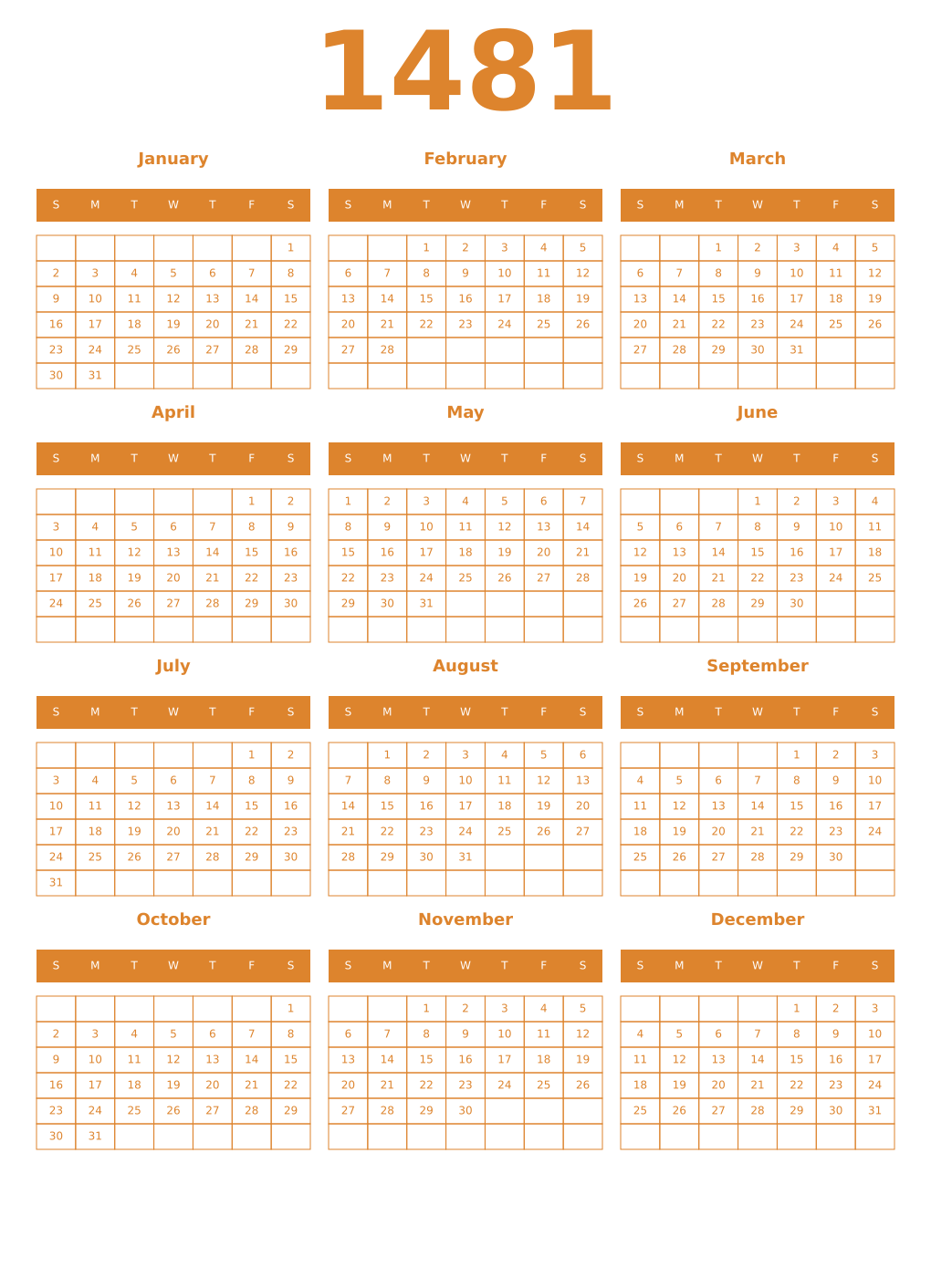 Printable 1481 Year Calendars orange