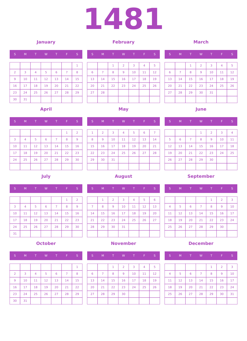 Printable 1481 Year Calendars purple