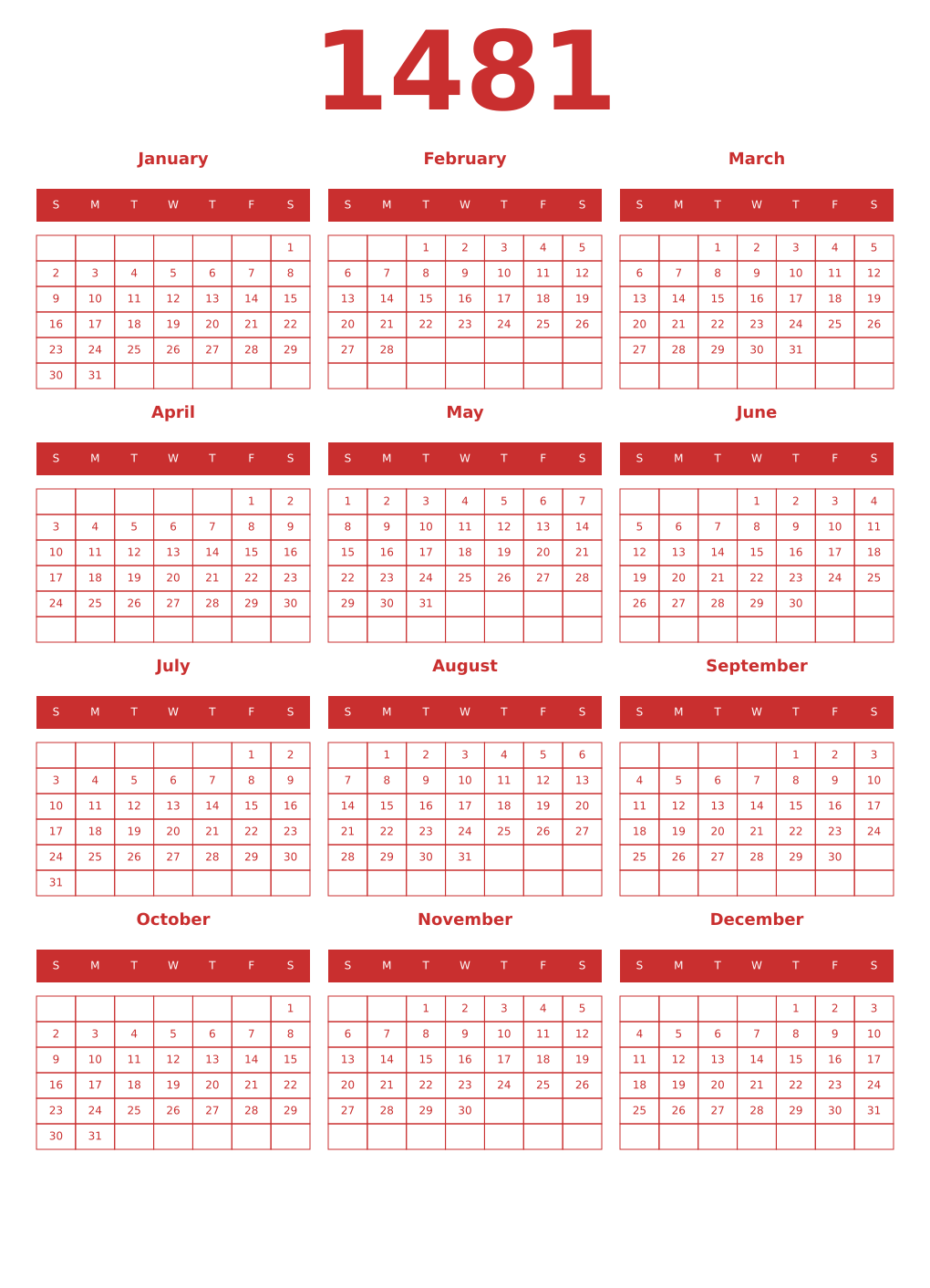 Printable 1481 Year Calendars red
