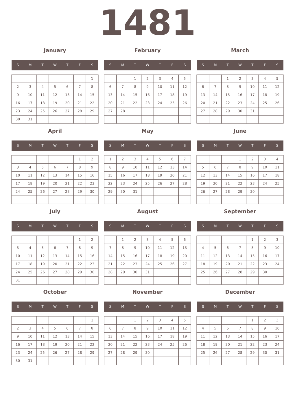 Printable 1481 Year Calendars wenge