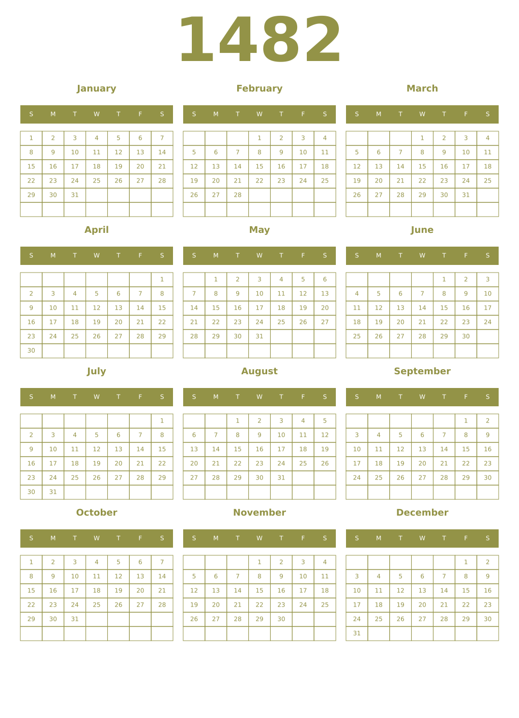 Printable 1482 Year Calendars eburnean
