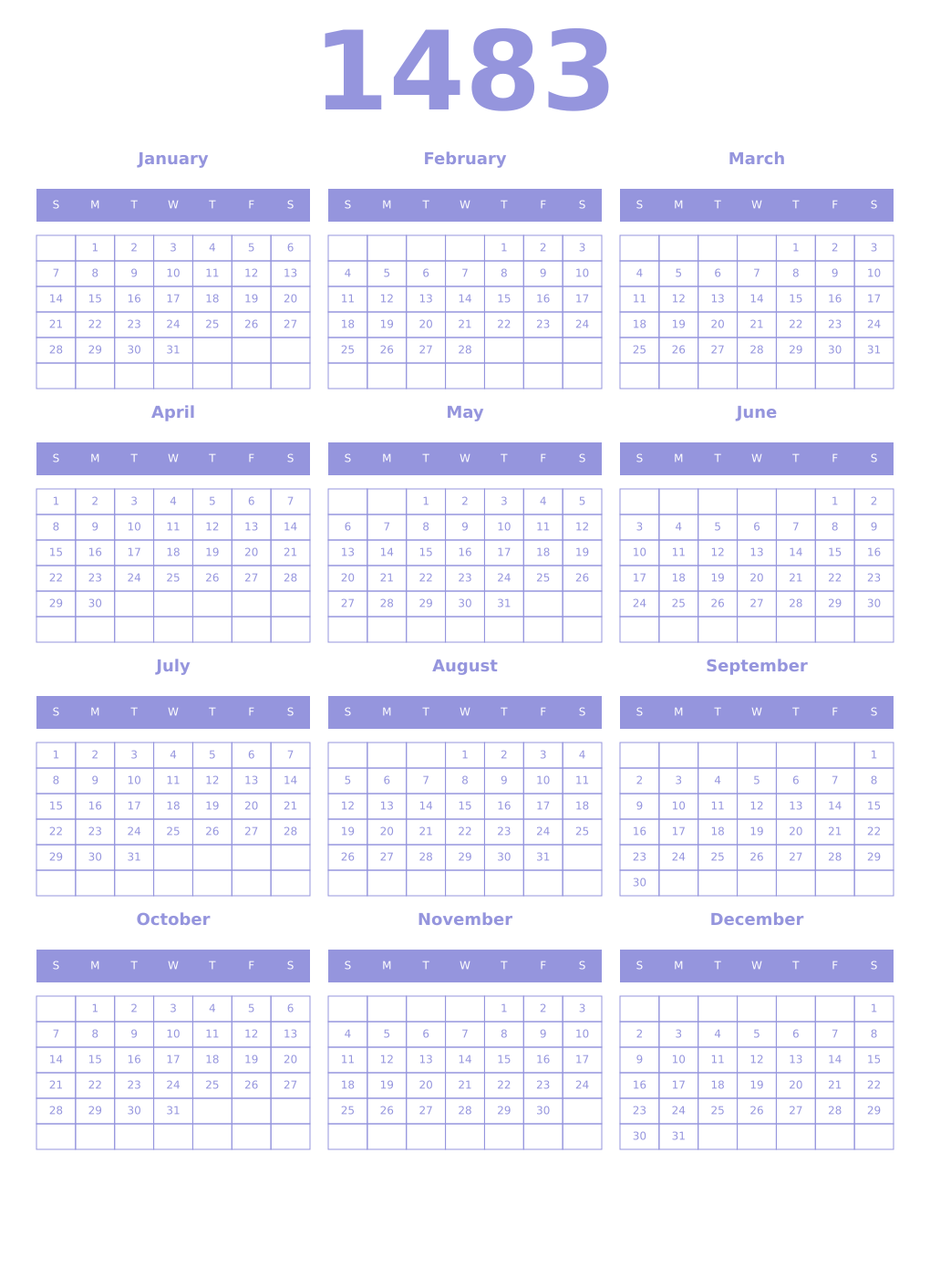Printable 1483 Year Calendars periwinkle