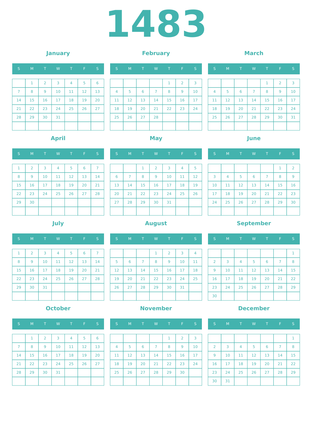 Printable 1483 Year Calendars verdigris