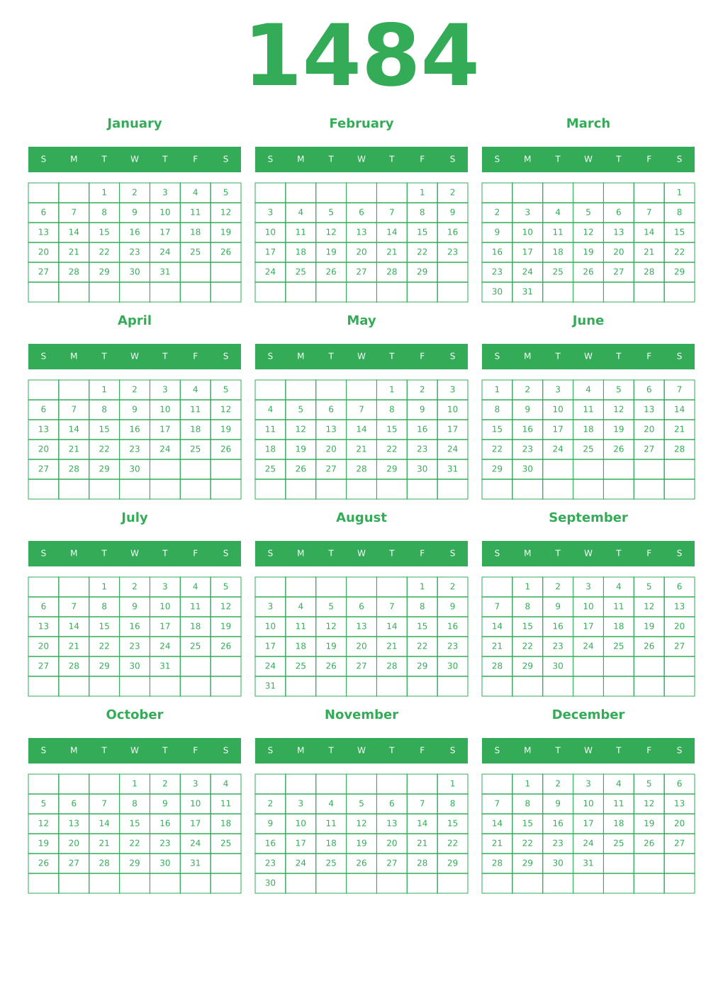 Printable 1484 Year Calendars green