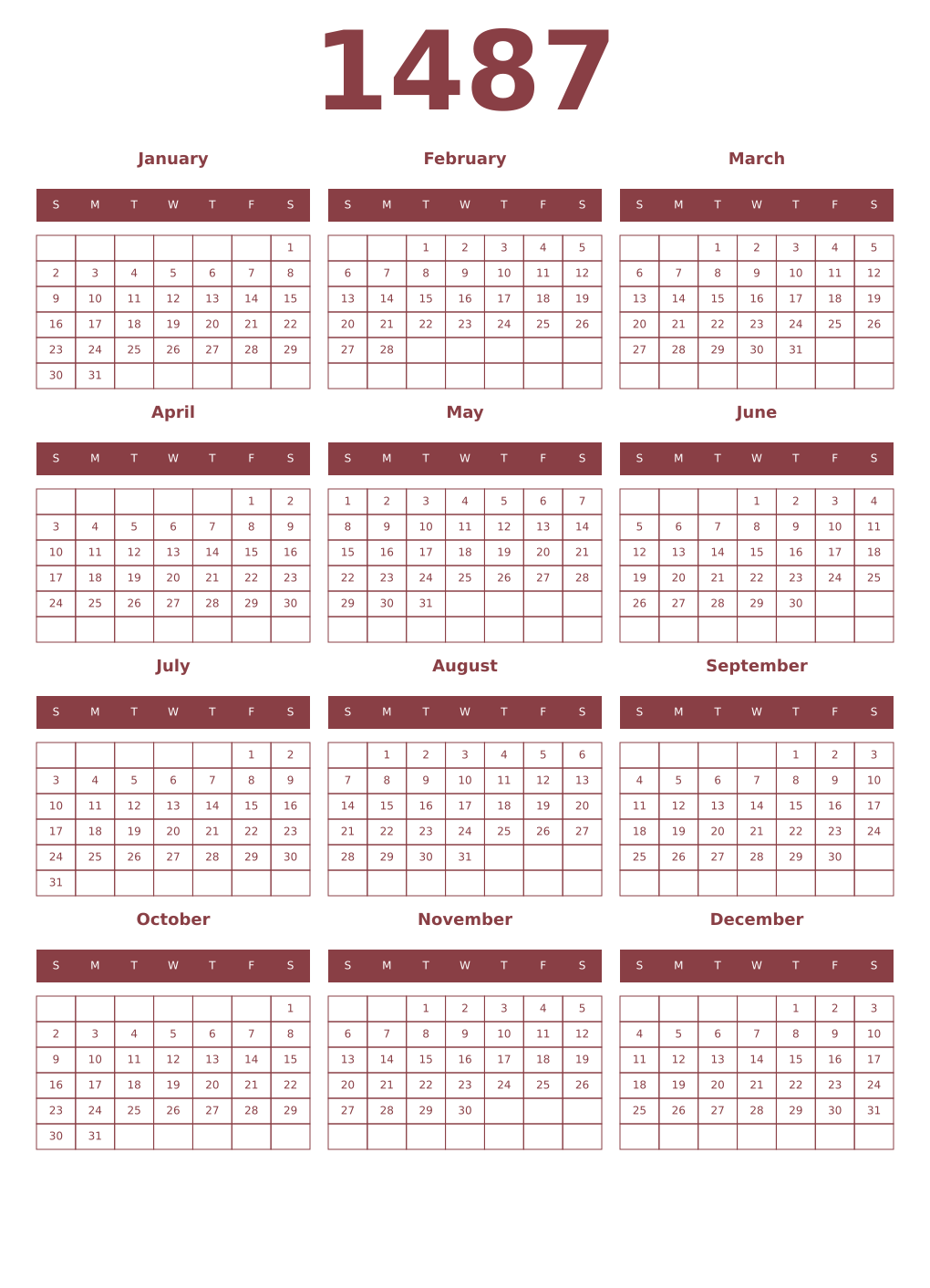 Printable 1487 Year Calendars cordovan