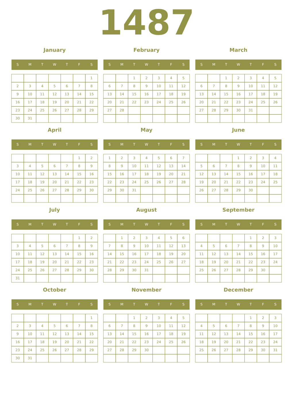 Printable 1487 Year Calendars eburnean