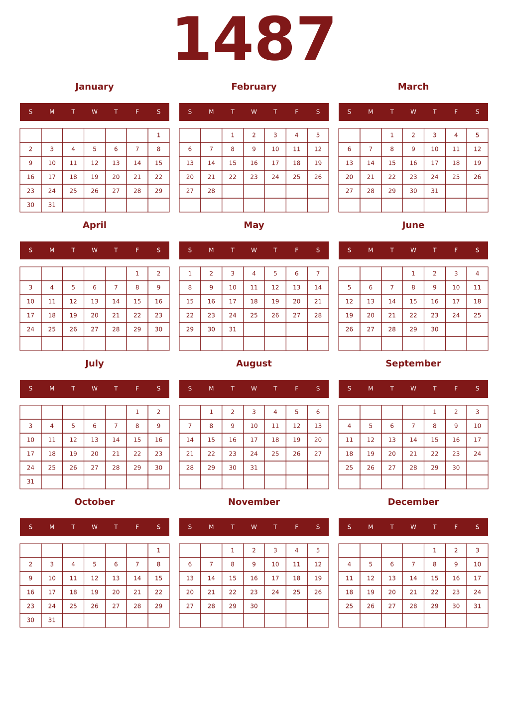 Printable 1487 Year Calendars falu