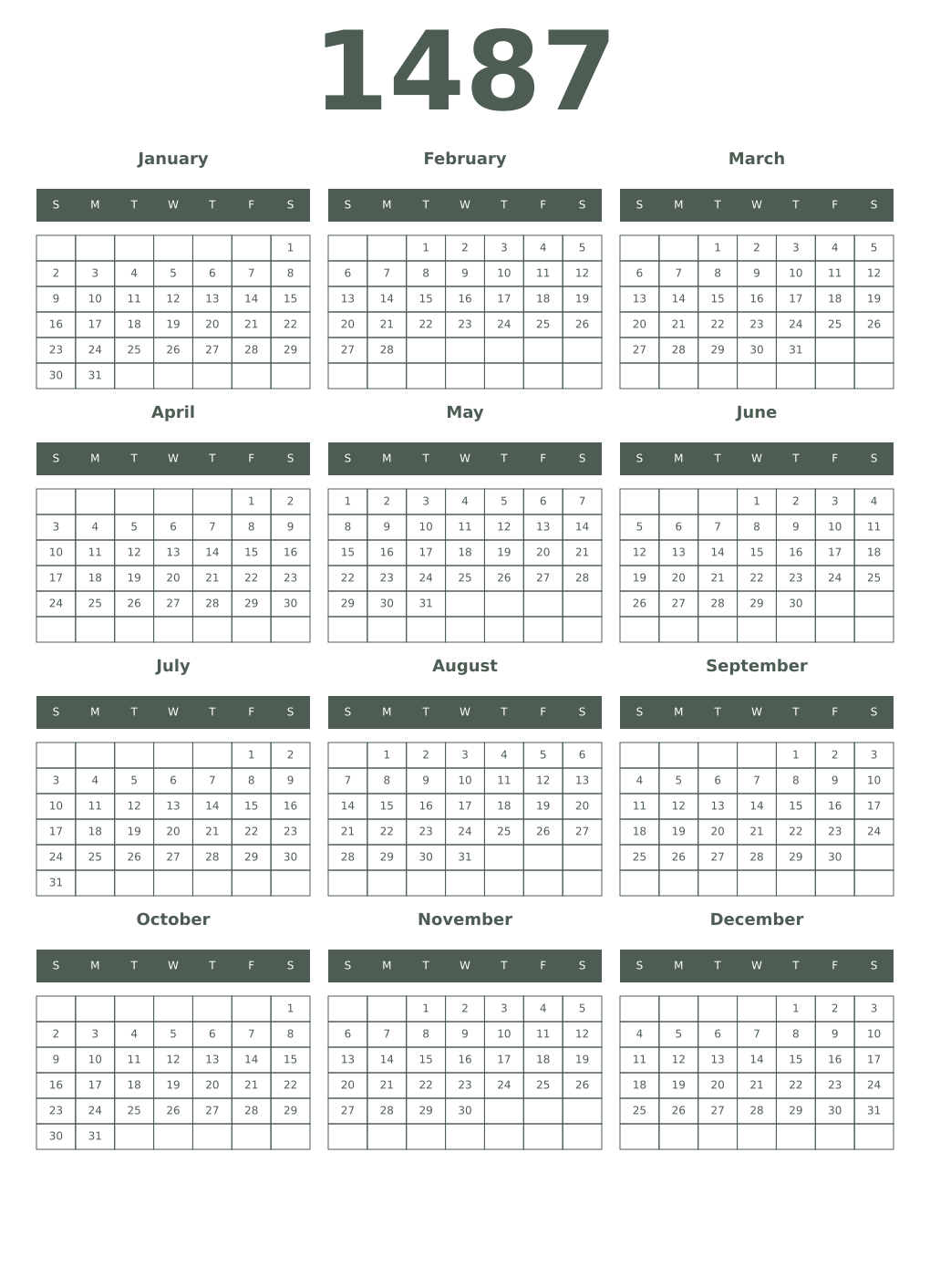 Printable 1487 Year Calendars feldgrau