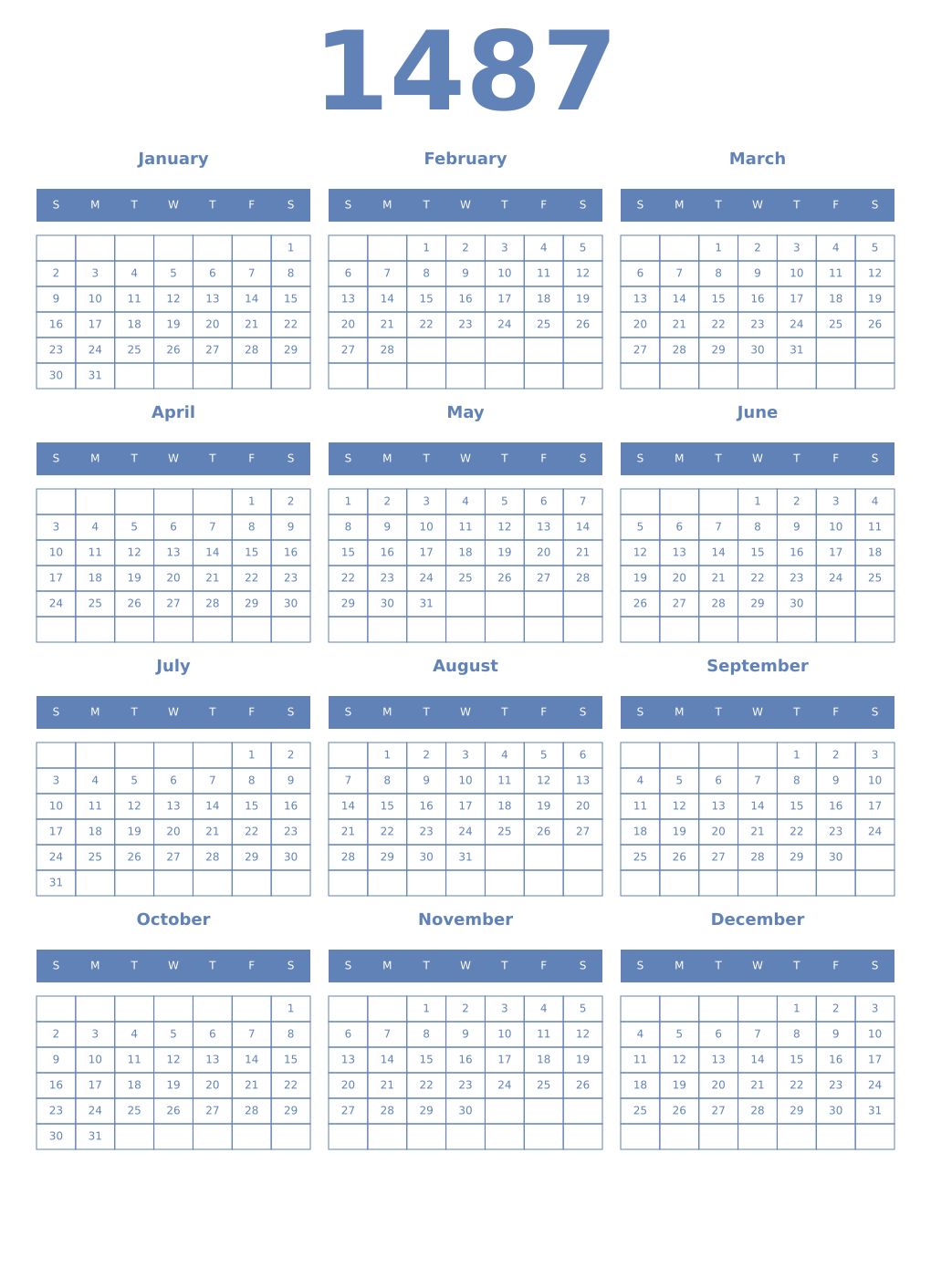 Printable 1487 Year Calendars glaucous