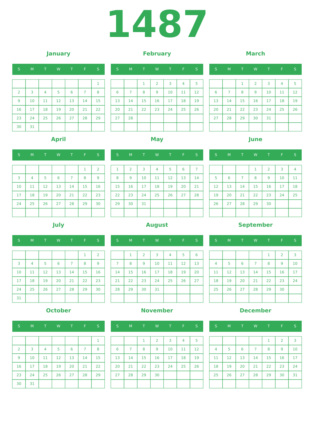 Printable 1487 Year Calendars green