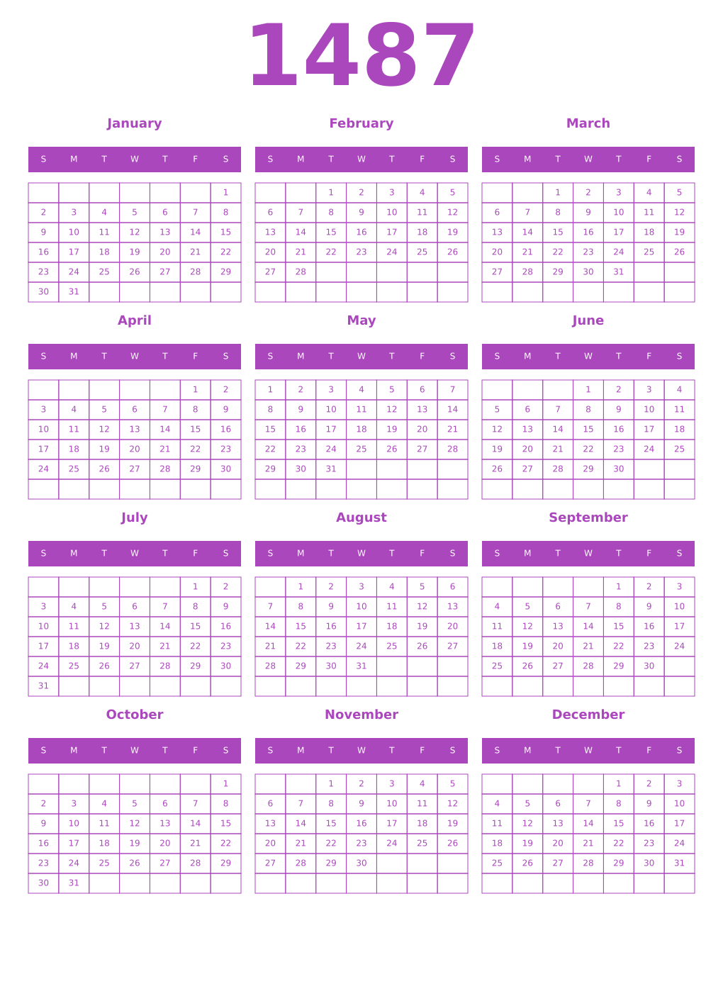 Printable 1487 Year Calendars purple