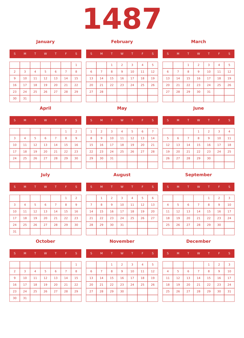 Printable 1487 Year Calendars red
