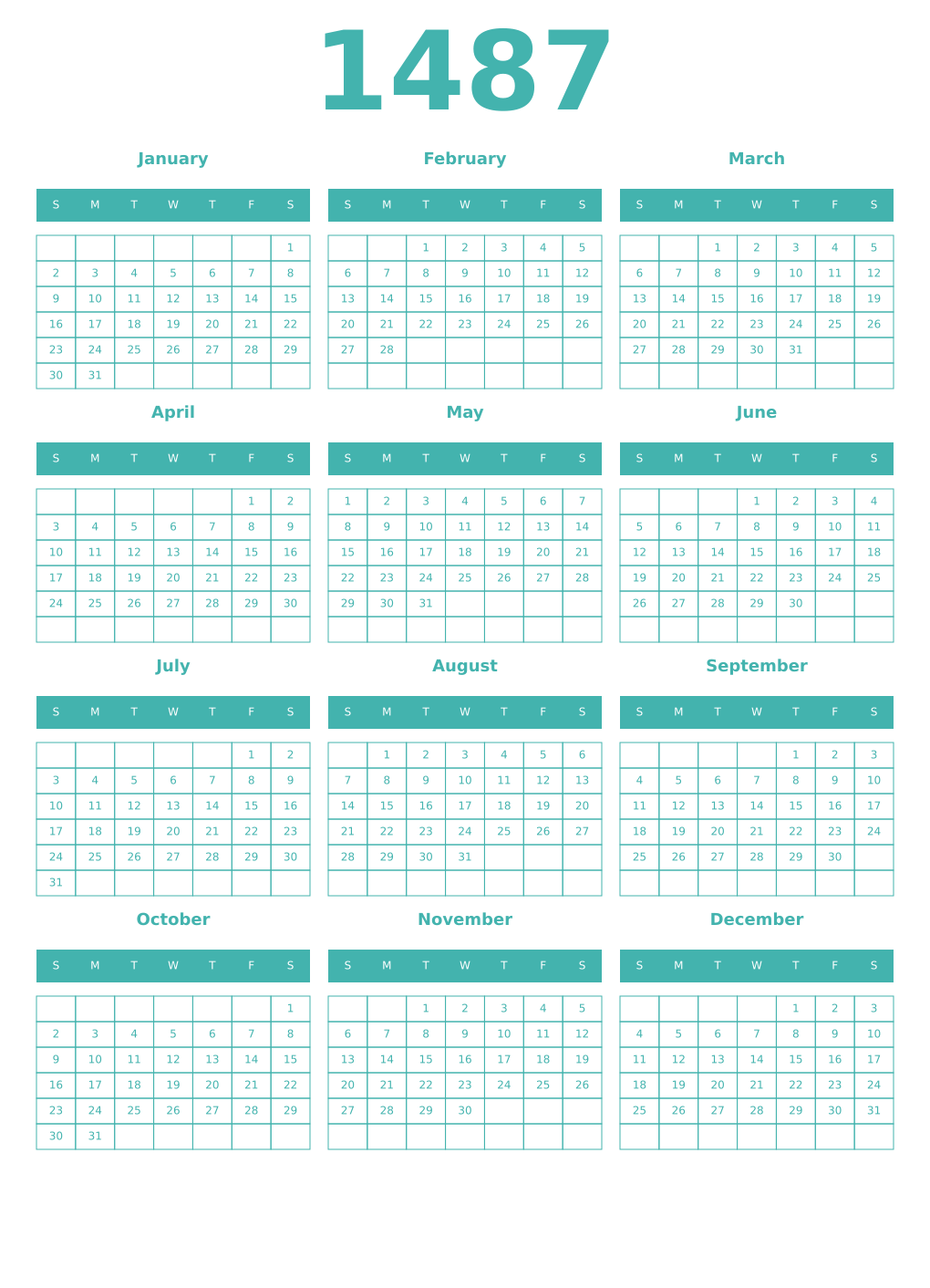 Printable 1487 Year Calendars verdigris