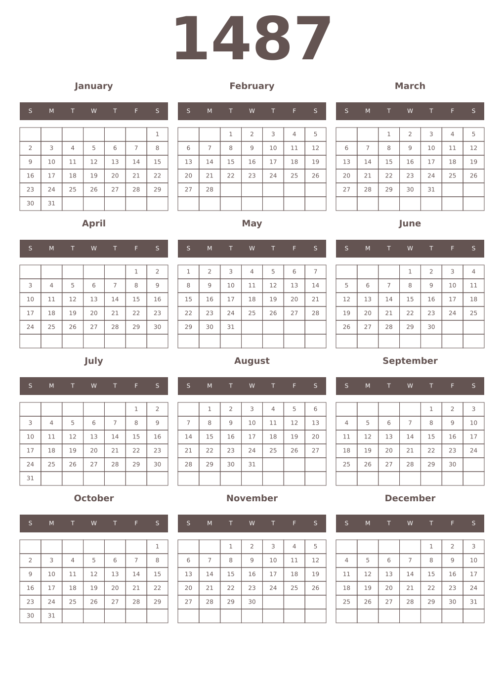 Printable 1487 Year Calendars wenge