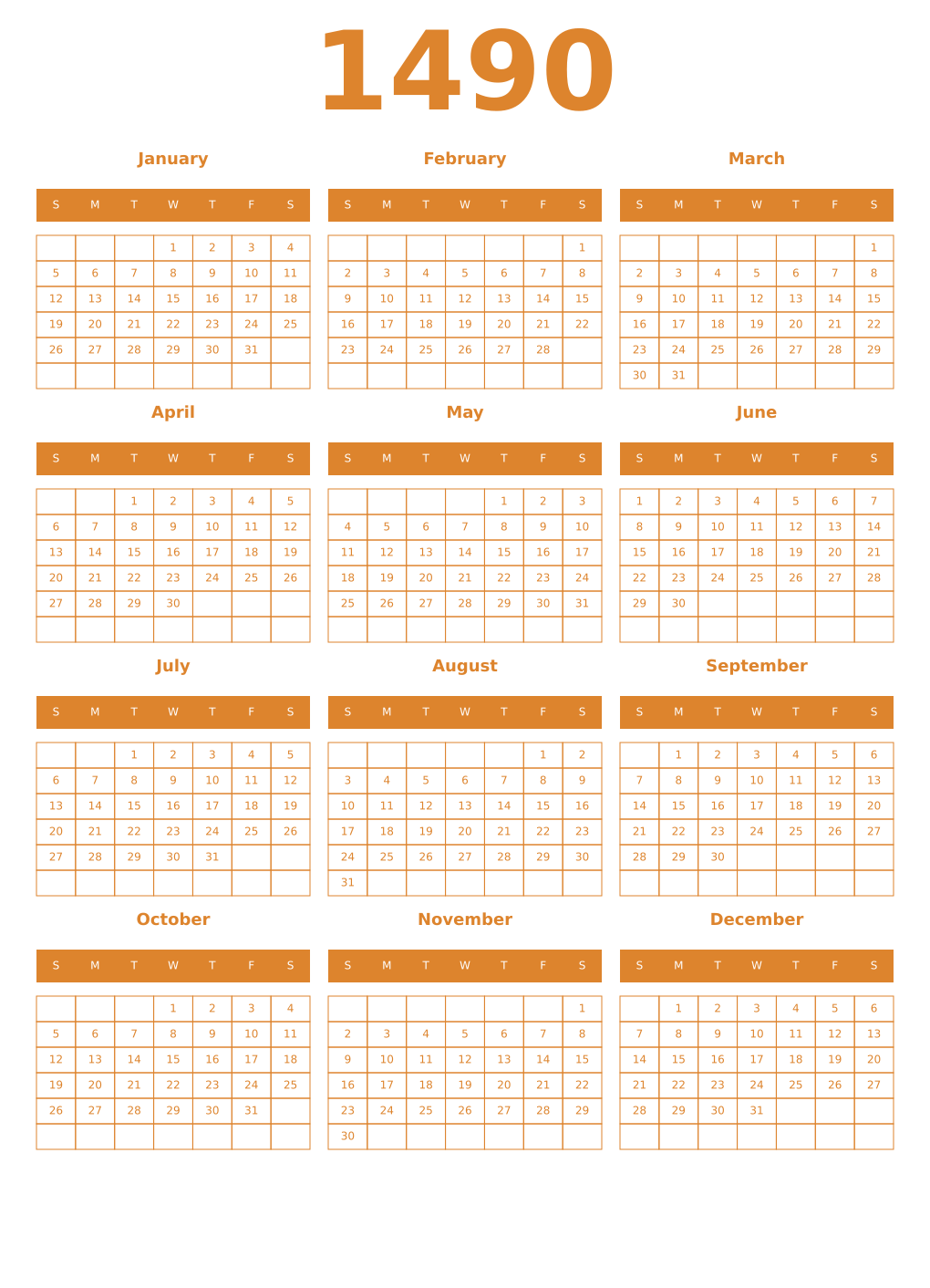 Printable 1490 Year Calendars orange
