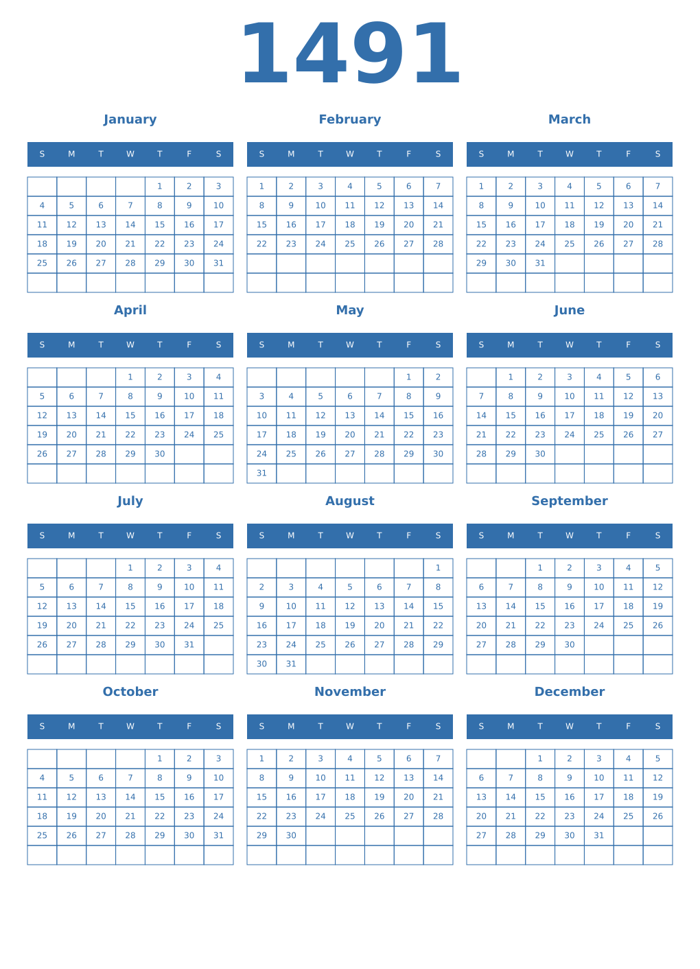 Printable 1491 Year Calendars blue