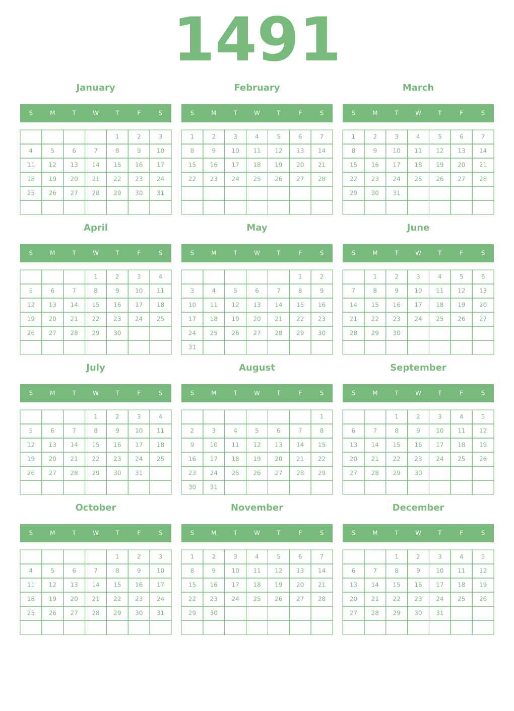 Printable 1491 Year Calendars celadon