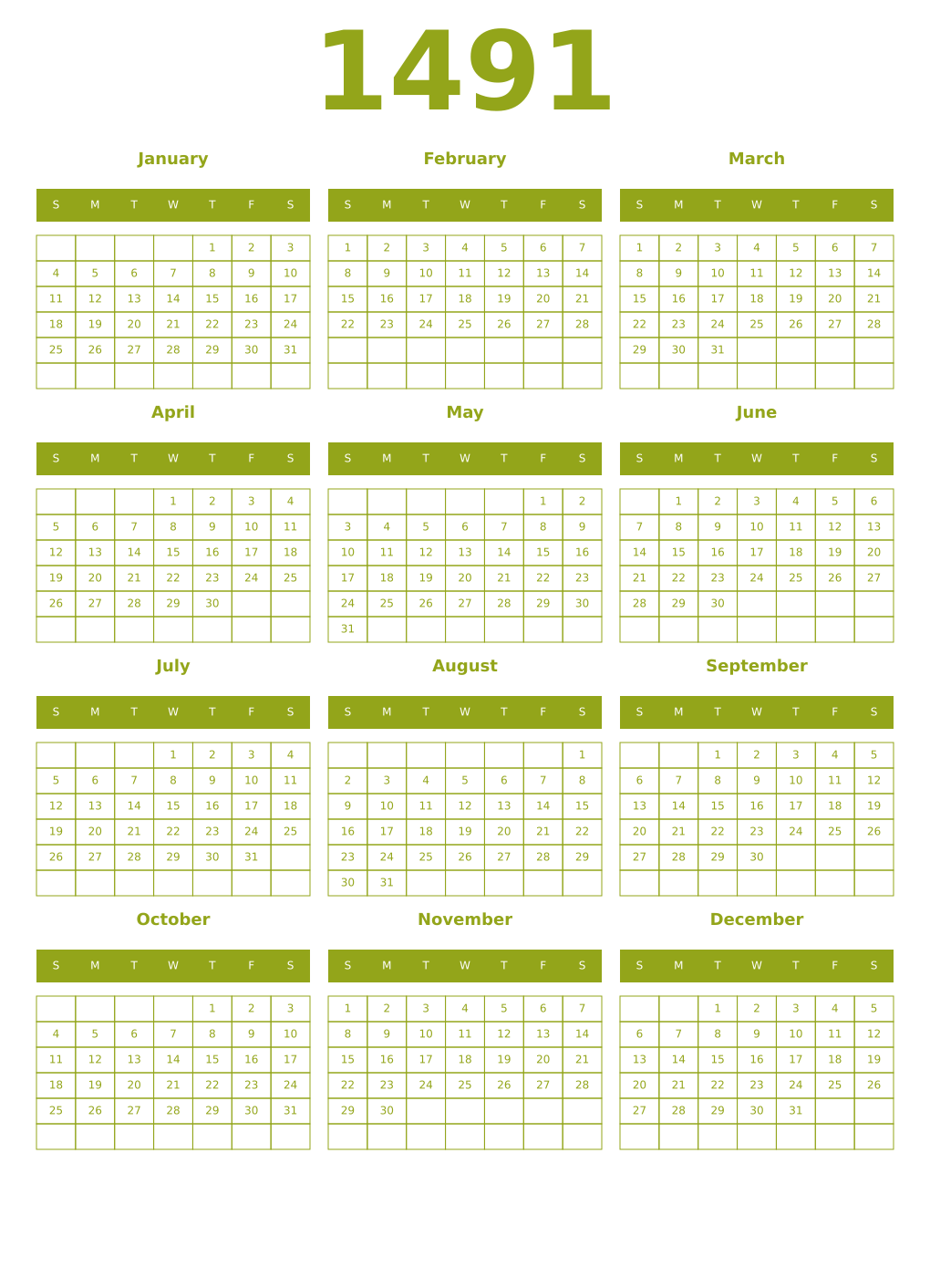 Printable 1491 Year Calendars chartreuse