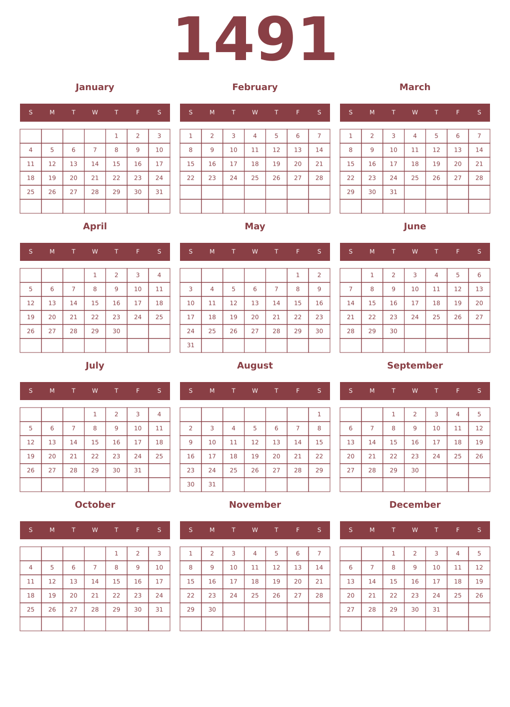 Printable 1491 Year Calendars cordovan