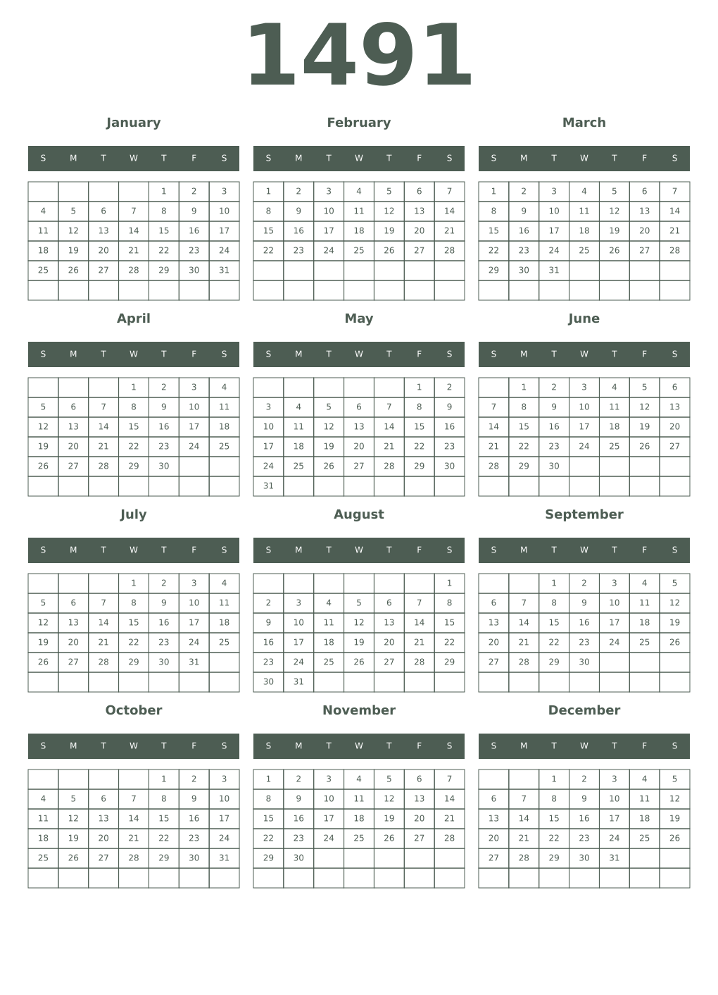 Printable 1491 Year Calendars feldgrau
