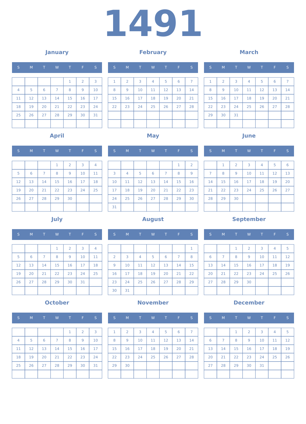 Printable 1491 Year Calendars glaucous