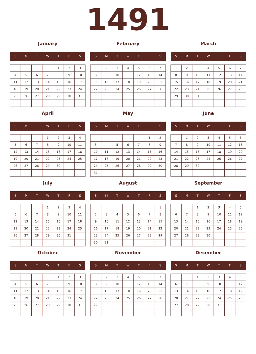 Printable 1491 Year Calendars mortuum