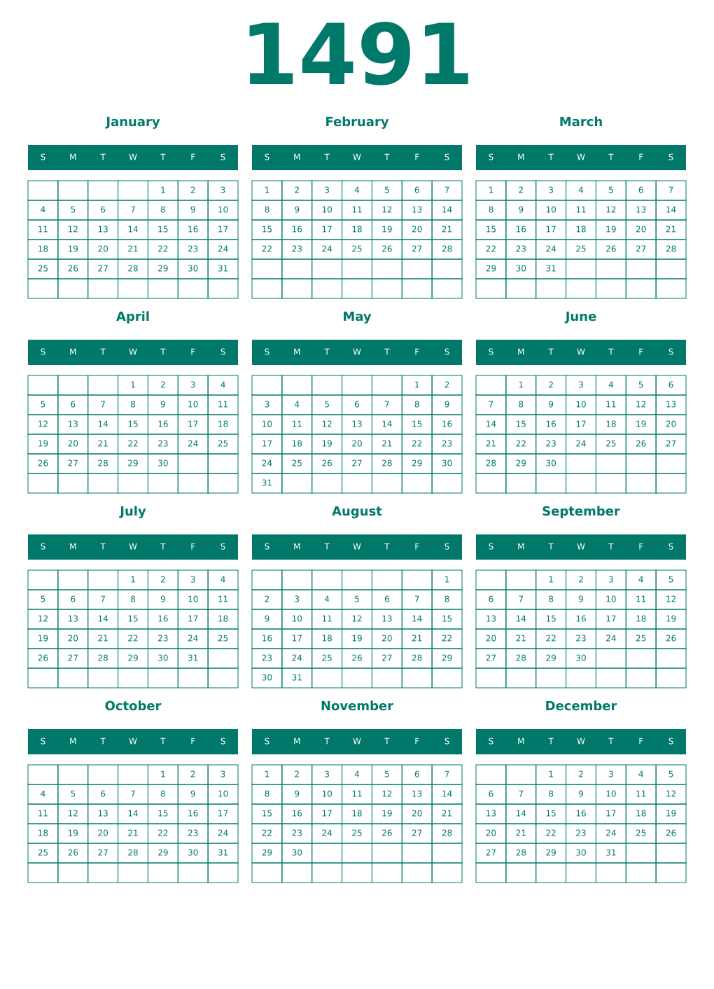 Printable 1491 Year Calendars pastel