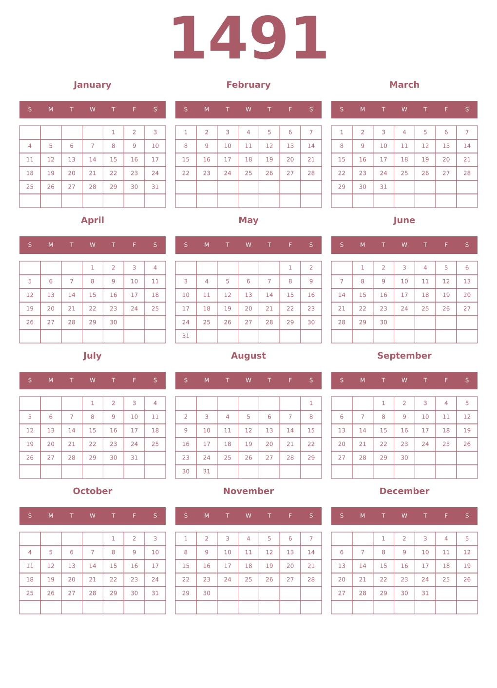 Printable 1491 Year Calendars puce