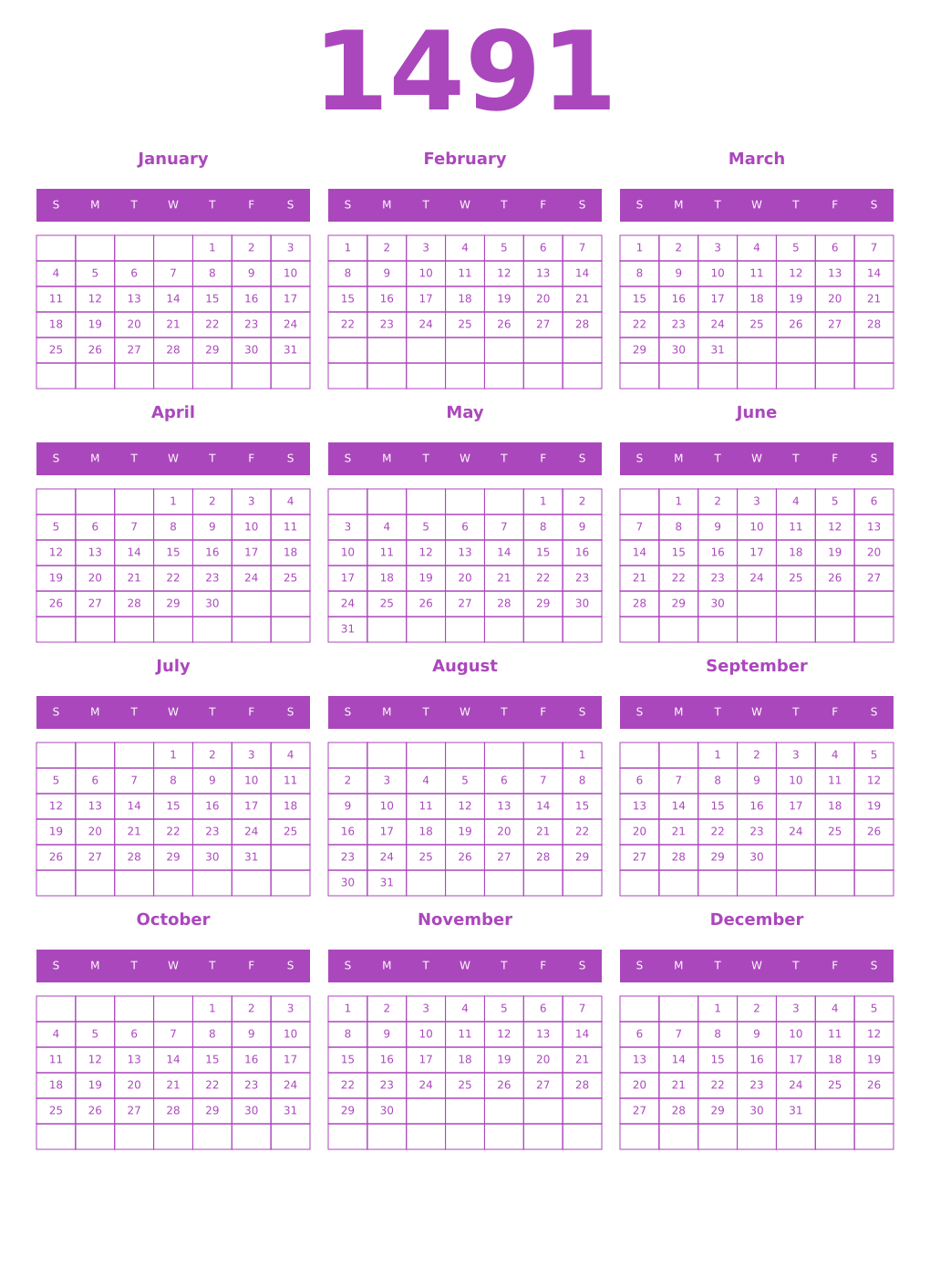 Printable 1491 Year Calendars purple