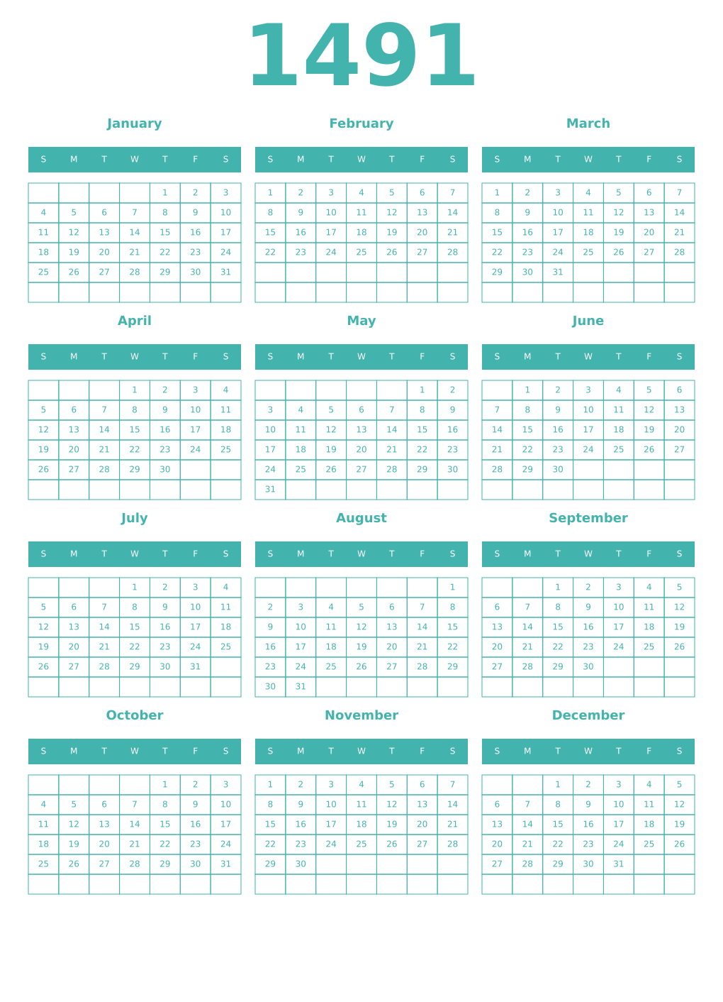 Printable 1491 Year Calendars verdigris